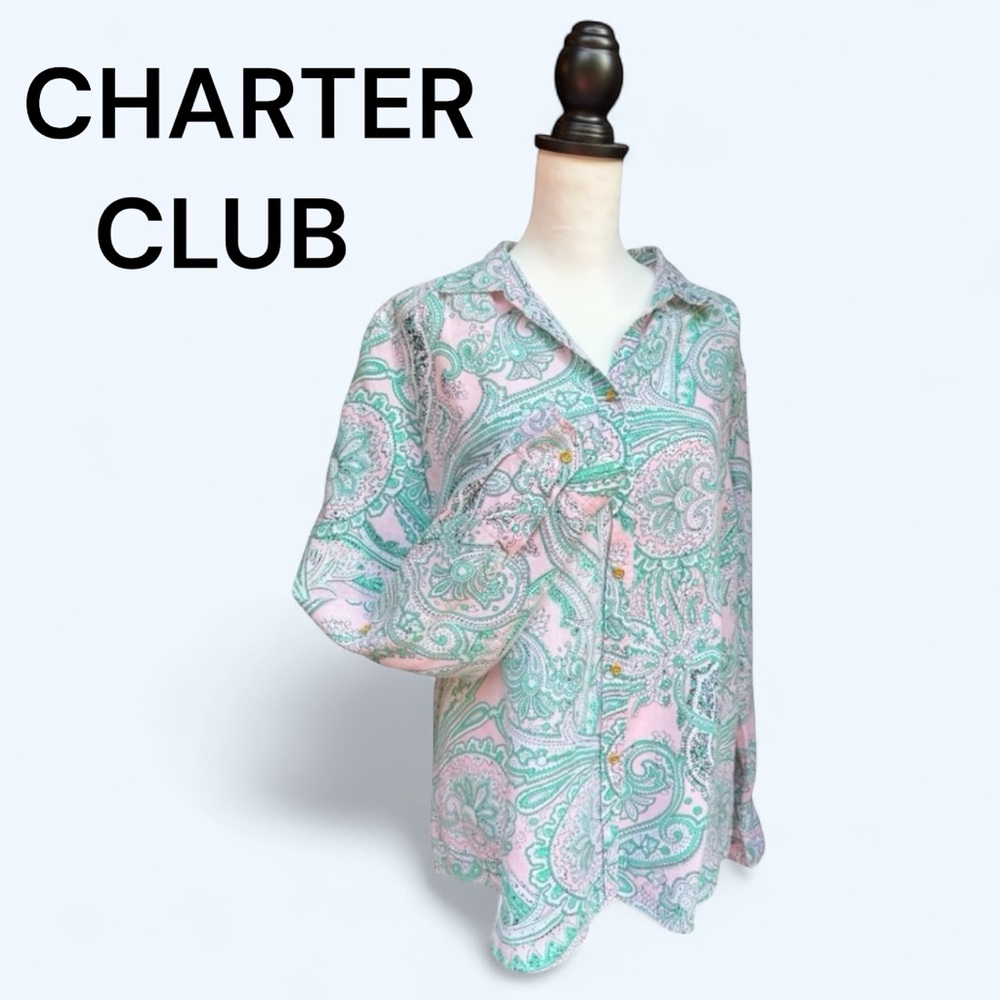 Charter Club Luxury Linen Shirt Button Down Paisley Pink Green Women’s Size XL